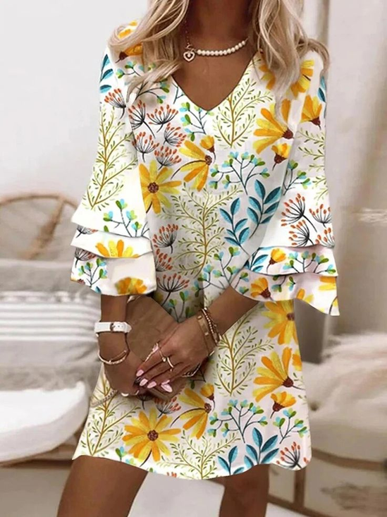 Damen Geblümt Halbarm Sommer Print Kleid V-Ausschnitt Täglich Lässig Maxikleid H-Linie Kleid