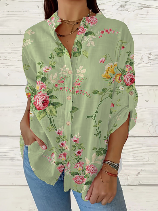 Damen Geblümt Langarm Bluse Frühling/Herbst Print Stehkragen Täglich Lässig Oberteile