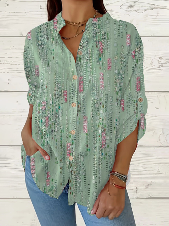 Damen Abstrakt Langarm Bluse Frühling/Herbst Print Stehkragen Täglich Lässig Oberteile