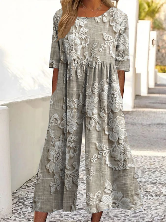 Damen Geblümt Rundhals Kurzarm Lässig Sommer Jumpsuit