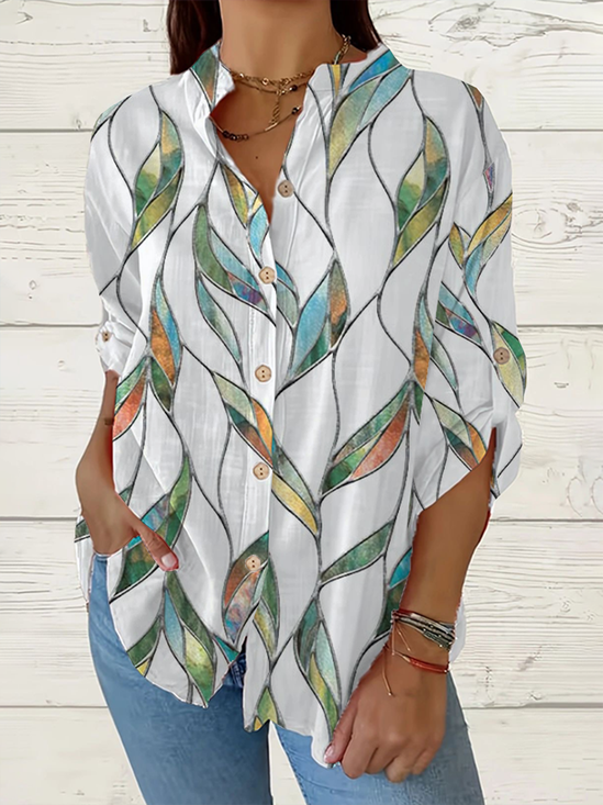 Damen Blätter Langarm Bluse Frühling/Herbst Print Stehkragen Täglich Lässig Oberteile