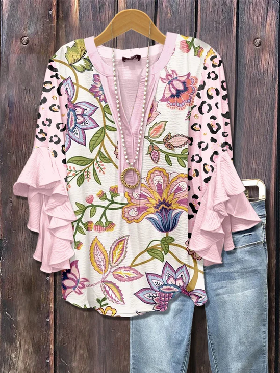 Damen Geblümt Halbarm Bluse Sommer Print V-Ausschnitt Täglich Lässig Oberteile