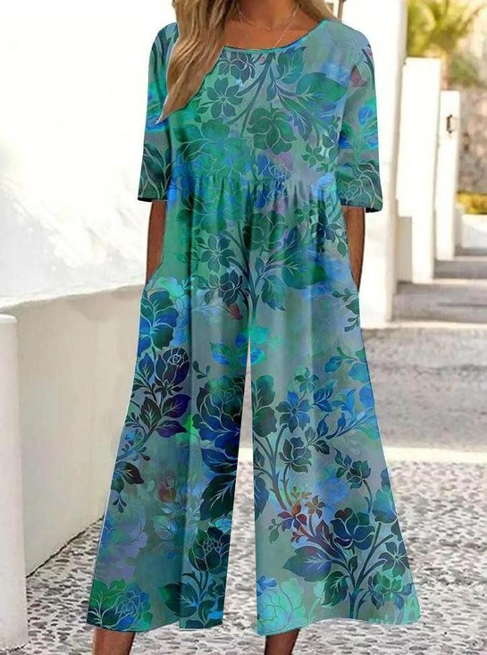 Damen Geblümt Rundhals Kurzarm Lässig Sommer Jumpsuit