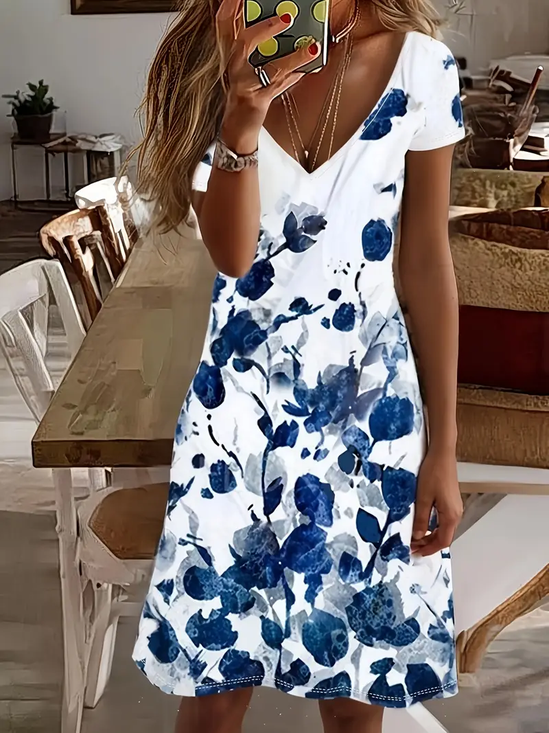 Damen Geblümt Kurzarm Sommer Print Kleid V-Ausschnitt Täglich Lässig Midi Passen & Flare Kleid A-Linien-Kleid