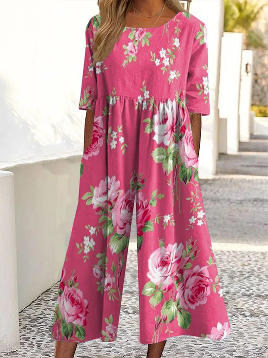Damen Geblümt Rundhals Kurzarm Lässig Sommer Jumpsuit