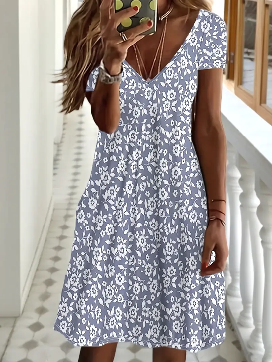 Damen Geblümt Kurzarm Sommer Print Kleid V-Ausschnitt Täglich Lässig Midi Passen & Flare Kleid A-Linien-Kleid