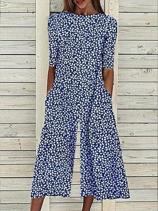 Damen Geblümt Rundhals Kurzarm Lässig Sommer Jumpsuit