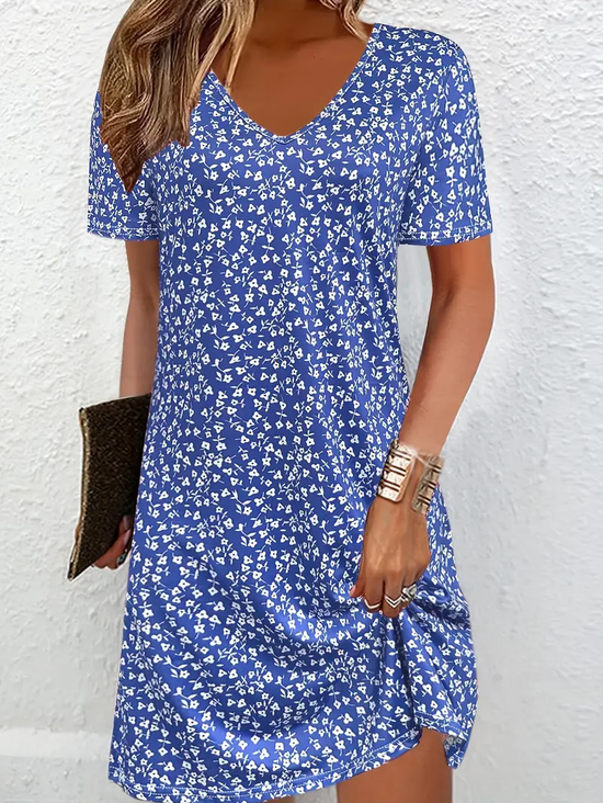 Damen Geblümt Kurzarm Sommer Print Kleid V-Ausschnitt Täglich Lässig Midi Passen & Flare Kleid A-Linien-Kleid