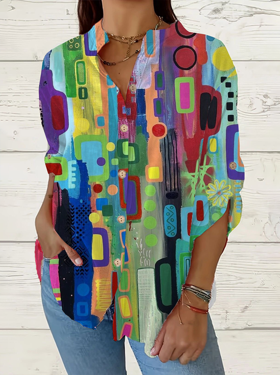 Damen Geometrisch Langarm Bluse Frühling/Herbst Print Stehkragen Täglich Lässig Oberteile