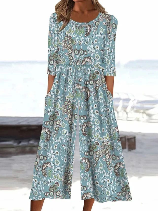 Damen Geblümt Rundhals Kurzarm Lässig Sommer Jumpsuit