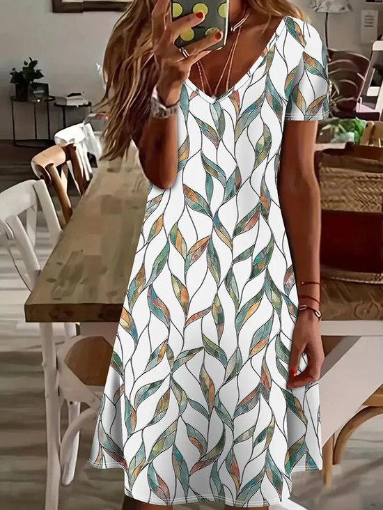 Damen Geblümt Kurzarm Sommer Print Kleid V-Ausschnitt Täglich Lässig Midi Passen & Flare Kleid A-Linien-Kleid