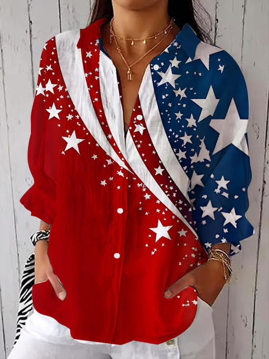Damen Tag der Unabhängigkeit (Flagge) Dreiviertelärmel Bluse Frühling/Herbst Print Hemdkragen Täglich Lässig Oberteile