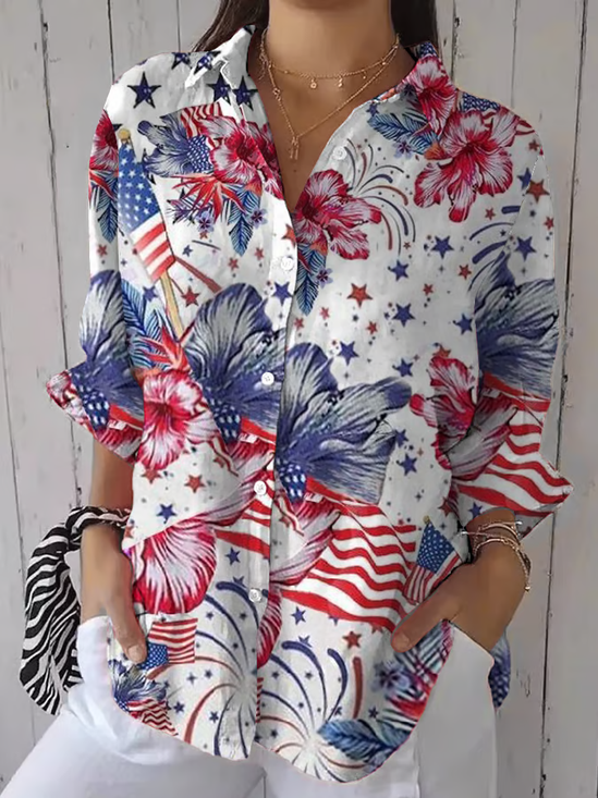 Damen Geblümt Dreiviertelärmel Bluse Frühling/Herbst Print Hemdkragen Täglich Lässig Oberteile