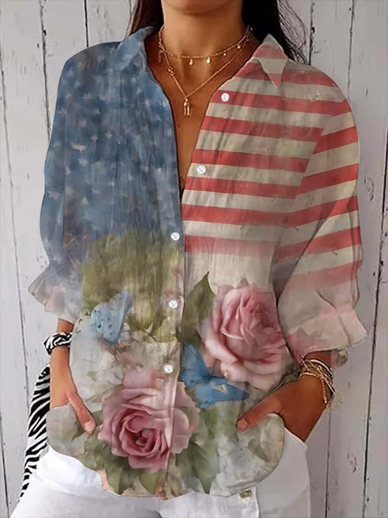 Damen Geblümt Dreiviertelärmel Bluse Frühling/Herbst Print Hemdkragen Täglich Lässig Oberteile