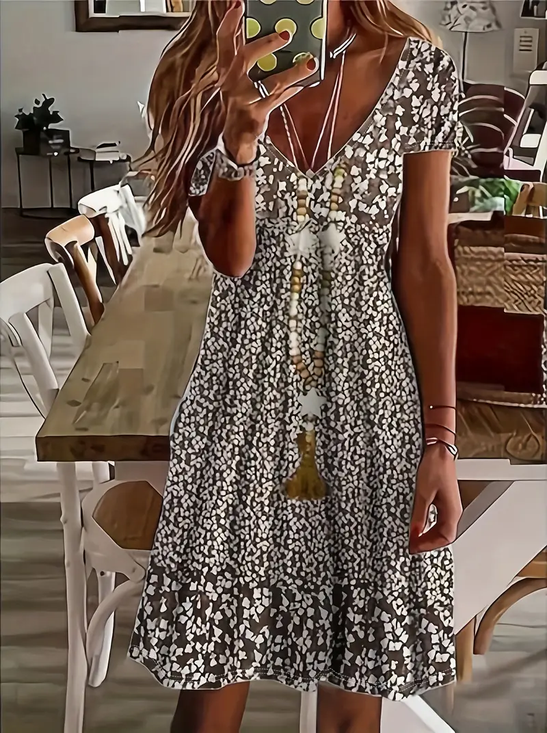 Damen Geblümt Kurzarm Sommer Print Kleid V-Ausschnitt Täglich Lässig Midi Passen & Flare Kleid A-Linien-Kleid