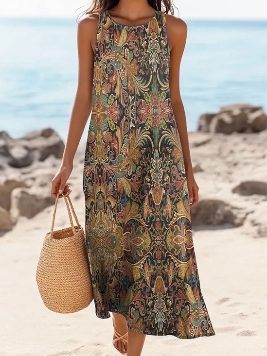 Damen Geblümt Ärmellos Sommer Kleid Rundhals Täglich Lässig Maxikleid A-Linien-Kleid