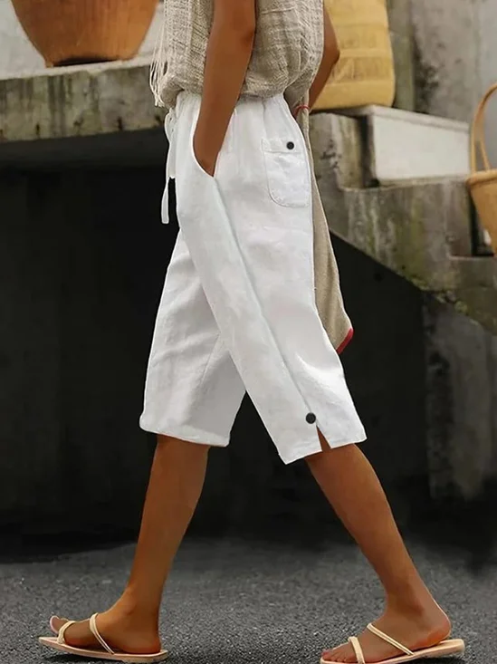 Damen Unifarben Caprihosen Elastische Taille Hose Lässig Sommer Hose