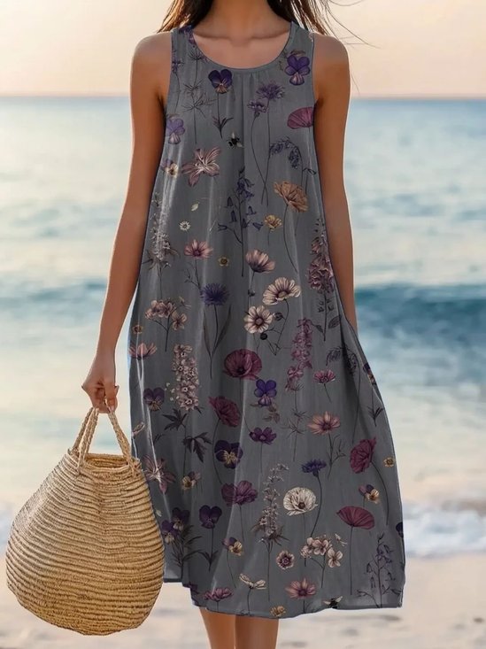Damen Geblümt Ärmellos Sommer Kleid Rundhals Täglich Lässig Midi A-Linien-Kleid