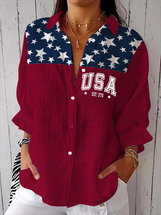Damen Tag der Unabhängigkeit (Flagge) Dreiviertelärmel Bluse Frühling/Herbst Print Hemdkragen Täglich Lässig Oberteile