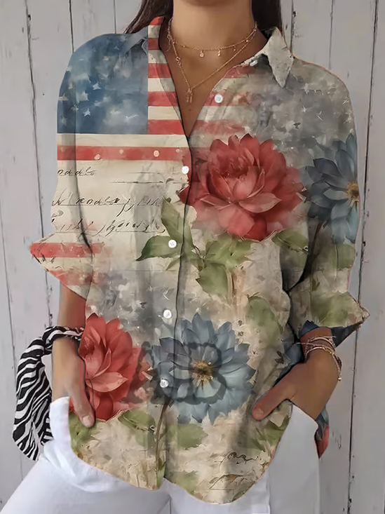 Damen Geblümt Dreiviertelärmel Bluse Frühling/Herbst Print Hemdkragen Täglich Lässig Oberteile