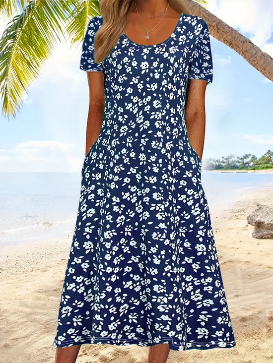 Damen Geblümt Halbarm Sommer Print Kleid Rundhals Täglich Lässig Maxikleid A-Linien-Kleid