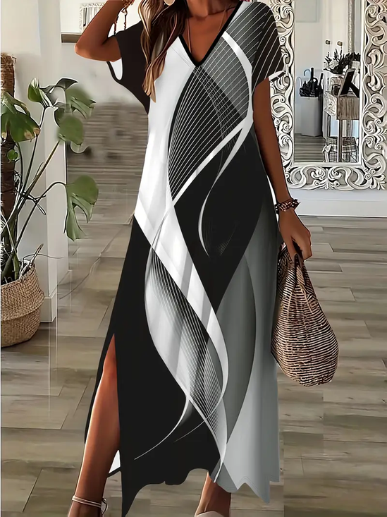 Damen Abstrakt Kurzarm Sommer Print Kleid V-Ausschnitt Täglich Lässig Maxikleid X-Linie Kleid
