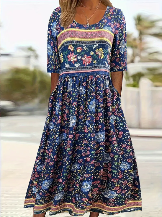Damen Geblümt Halbarm Sommer Print Kleid Rundhals Täglich Lässig Maxikleid A-Linien-Kleid