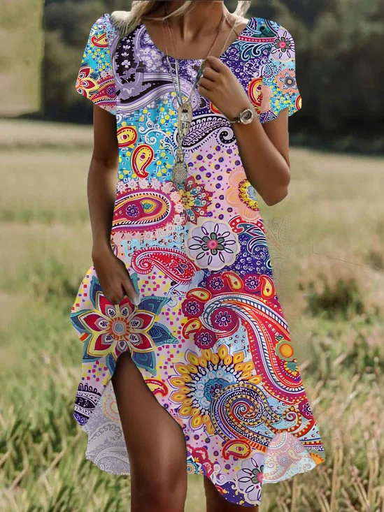 Damen Geblümt Kurzarm Sommer Print Kleid Rundhals Täglich Lässig Mini Tunika H-Linie Kleid