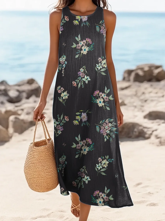 Damen Geblümt Ärmellos Sommer Print Kleid Rundhals Täglich Lässig Maxikleid Tanktop H-Linie Kleid