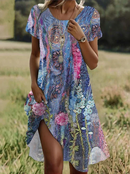 Damen Geblümt Kurzarm Sommer Print Kleid Rundhals Täglich Lässig Mini Tunika H-Linie Kleid