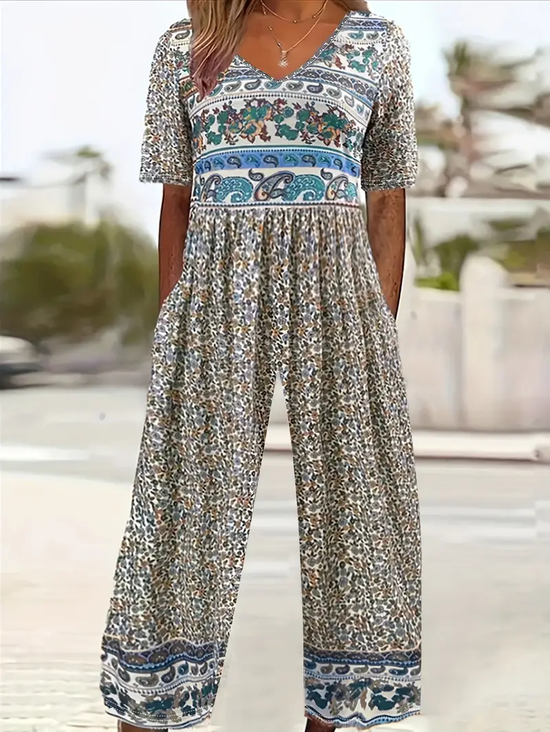 Damen Geblümt V-Ausschnitt Halbarm Lässig Sommer Jumpsuit