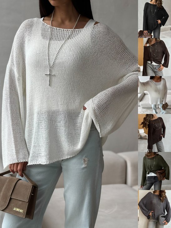Damen Unifarben Gewebe Frühling/Herbst Lässig Langarm Schulterfrei Baumwolle Pullover