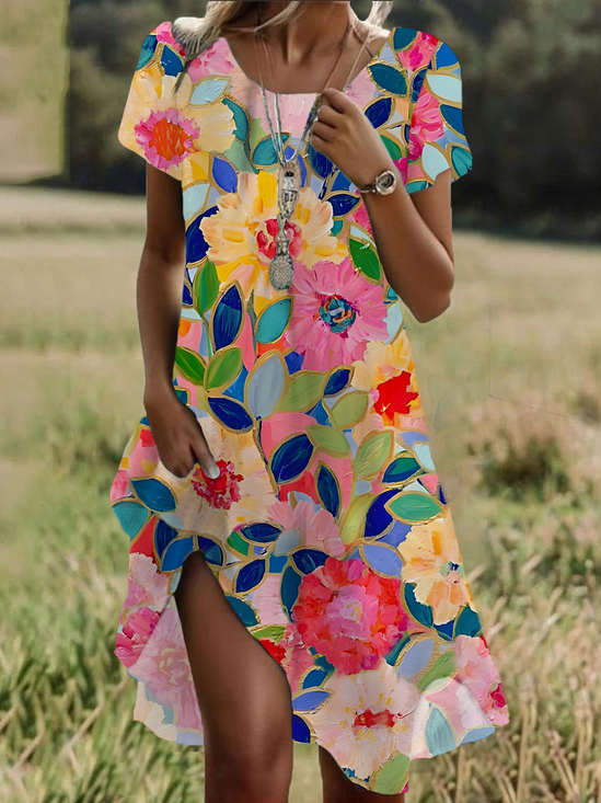 Damen Geblümt Kurzarm Sommer Print Kleid Rundhals Täglich Lässig Mini Tunika H-Linie Kleid