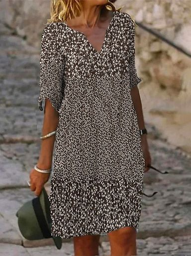 Damen Geblümt Halbarm Sommer Print Kleid V-Ausschnitt Täglich Lässig Mini Etuikleid H-Linie Kleid