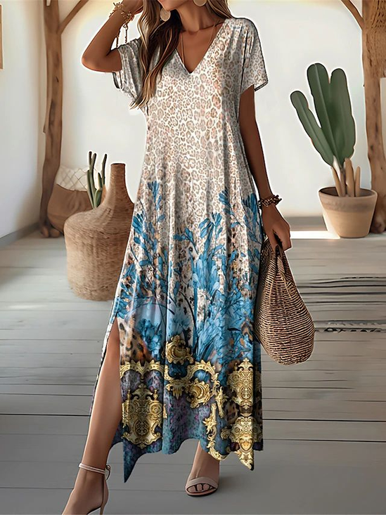 Damen Geblümt Kurzarm Sommer Print Kleid V-Ausschnitt Täglich Lässig Maxikleid X-Linie Kleid