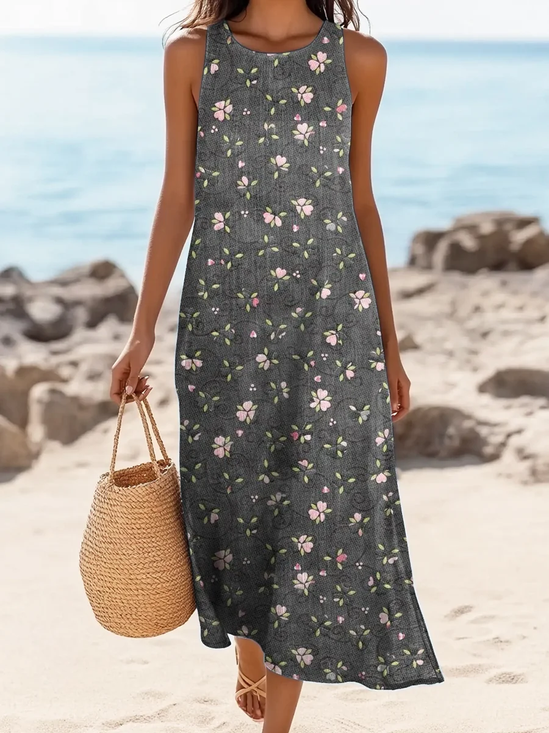 Damen Geblümt Ärmellos Sommer Print Kleid Rundhals Täglich Lässig Maxikleid Tanktop H-Linie Kleid