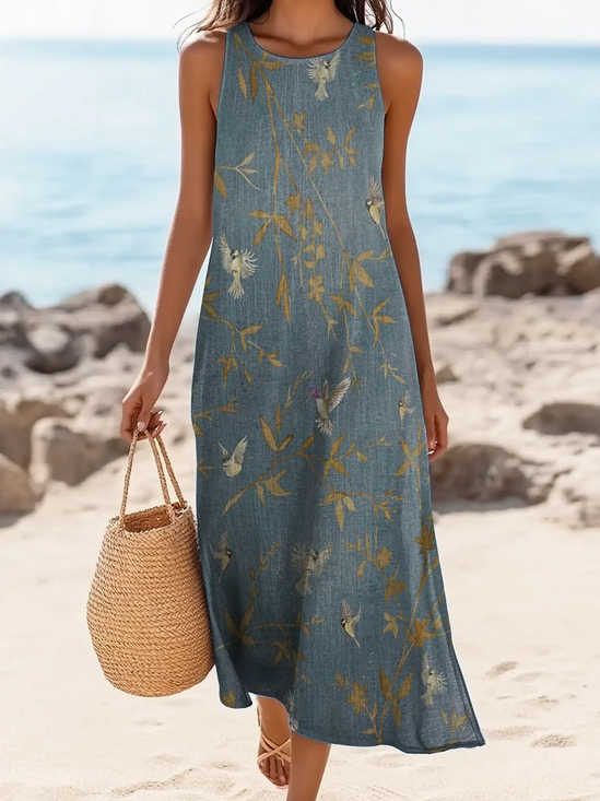 Damen Geblümt Ärmellos Sommer Print Kleid Rundhals Täglich Lässig Maxikleid Tanktop H-Linie Kleid