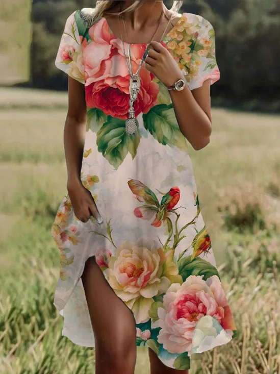Damen Geblümt Kurzarm Sommer Print Kleid Rundhals Täglich Lässig Mini Tunika H-Linie Kleid