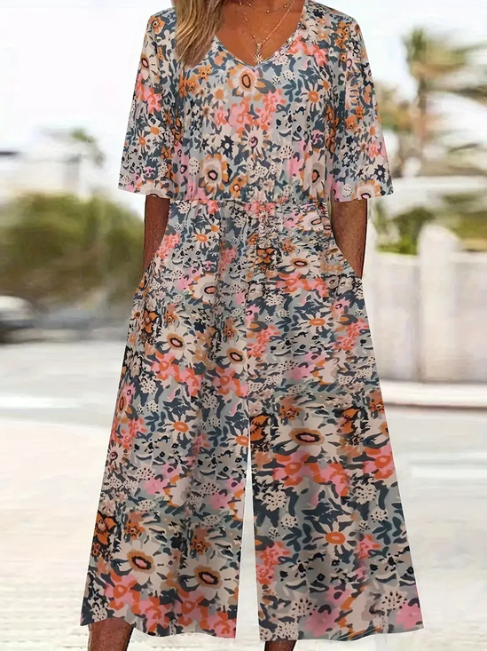 Damen Geblümt V-Ausschnitt Halbarm Lässig Sommer Jumpsuit