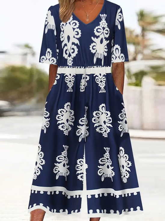 Damen Geblümt V-Ausschnitt Halbarm Lässig Sommer Jumpsuit