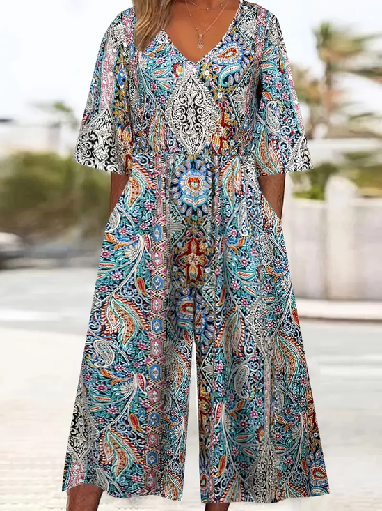 Damen Geblümt V-Ausschnitt Halbarm Lässig Sommer Jumpsuit
