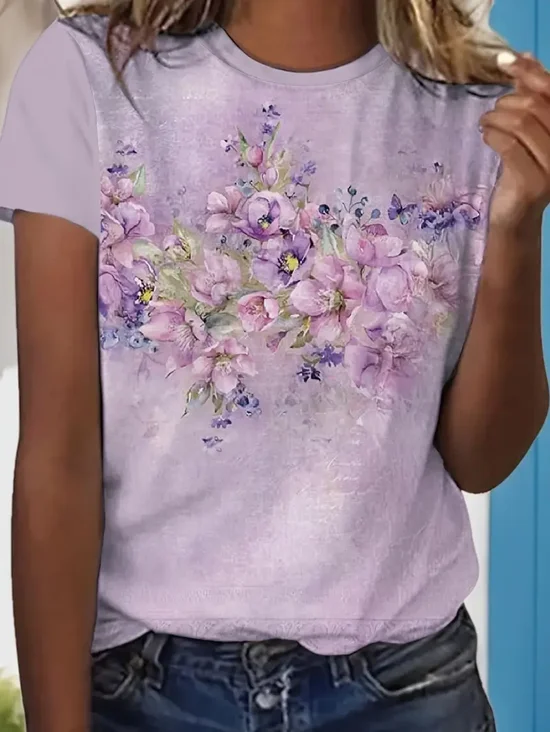 Damen Geblümt Kurzarm T-Shirts T-Shirt Rundhals Print Lässig Sommer T-Shirt mit Grafik Oberteile