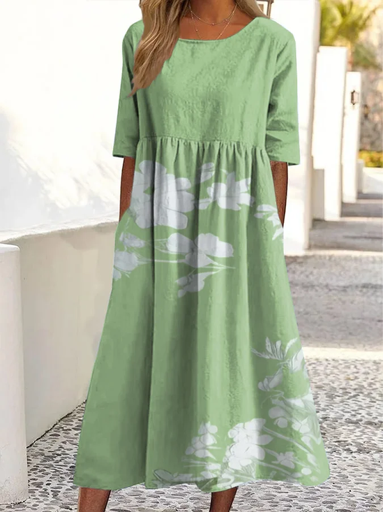 Damen Geblümt Halbarm Sommer Print Kleid Rundhals Täglich Lässig Maxikleid A-Linien-Kleid