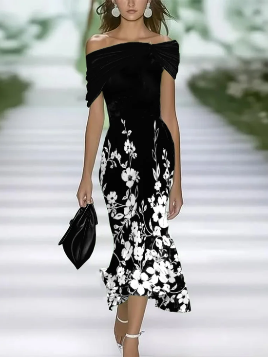 Damen Geblümt Flügelärmel Sommer Print Kleid Schulterfrei Täglich Retro Maxikleid H-Linie Kleid