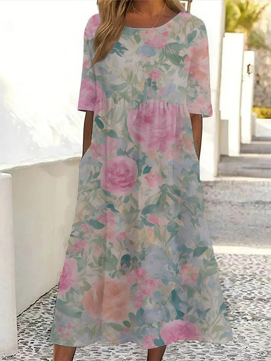 Damen Geblümt Halbarm Sommer Print Kleid Rundhals Täglich Lässig Maxikleid A-Linien-Kleid
