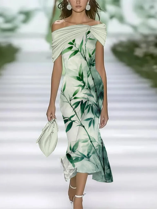 Damen Geblümt Flügelärmel Sommer Print Kleid Schulterfrei Täglich Retro Maxikleid H-Linie Kleid
