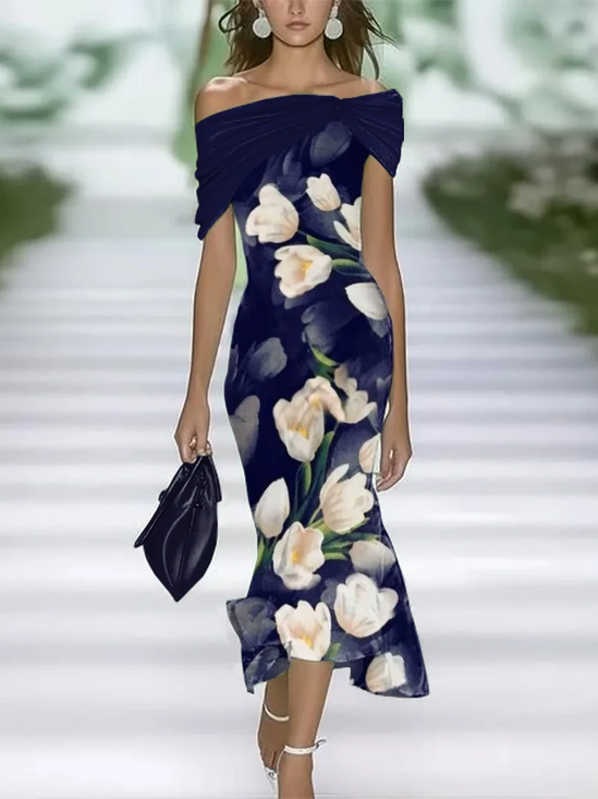 Damen Geblümt Flügelärmel Sommer Print Kleid Schulterfrei Täglich Retro Maxikleid H-Linie Kleid