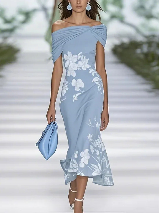 Damen Geblümt Flügelärmel Sommer Print Kleid Schulterfrei Täglich Retro Maxikleid H-Linie Kleid