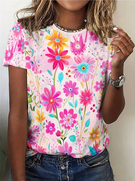 Damen Geblümt Kurzarm T-Shirts T-Shirt Rundhals Print Lässig Sommer T-Shirt mit Grafik Oberteile