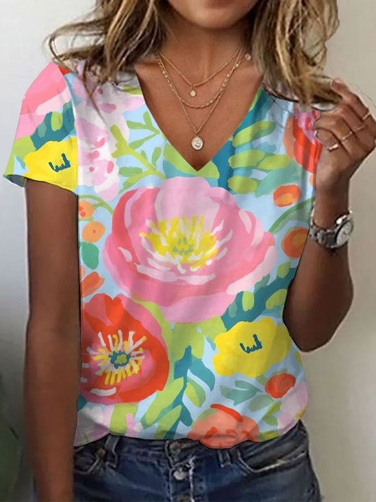 Damen Geblümt Kurzarm T-Shirts T-Shirt V-Ausschnitt Print Lässig Sommer T-Shirt mit Grafik Oberteile